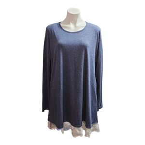 Women's Blue Long Sleeve Top with Lace Hem